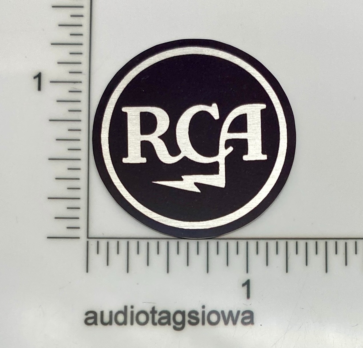 RCA Round Black & Silver Badge Logo Custom Made Aluminum Self Stick