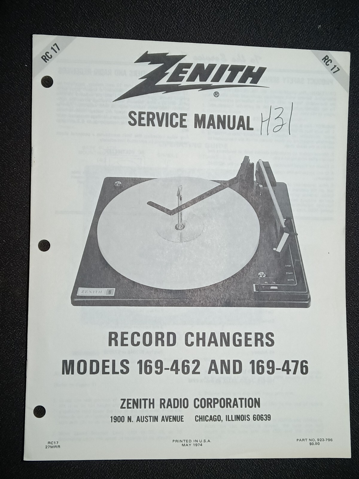 Zenith RC-17 169-462 -476 Turntable Service Manual