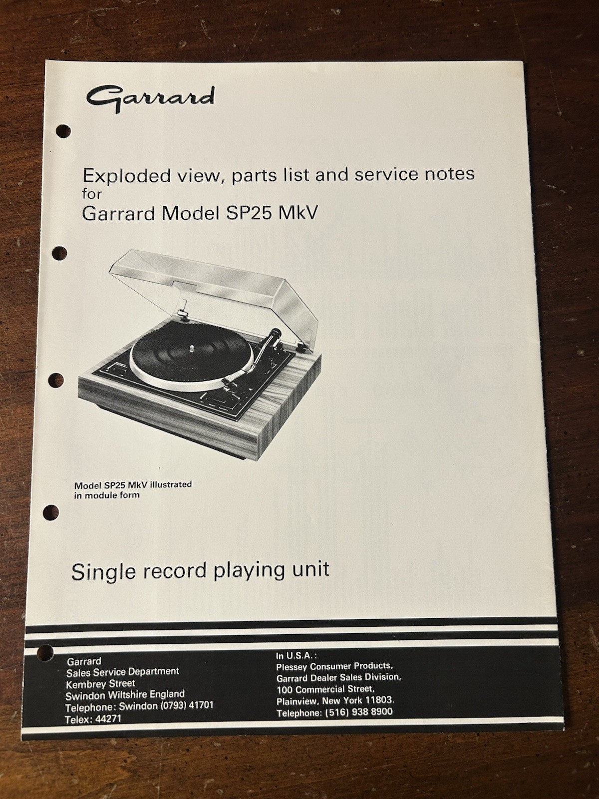 Garrard Model SP25 MK V Turntable Original OEM Exploded View Parts List OEM