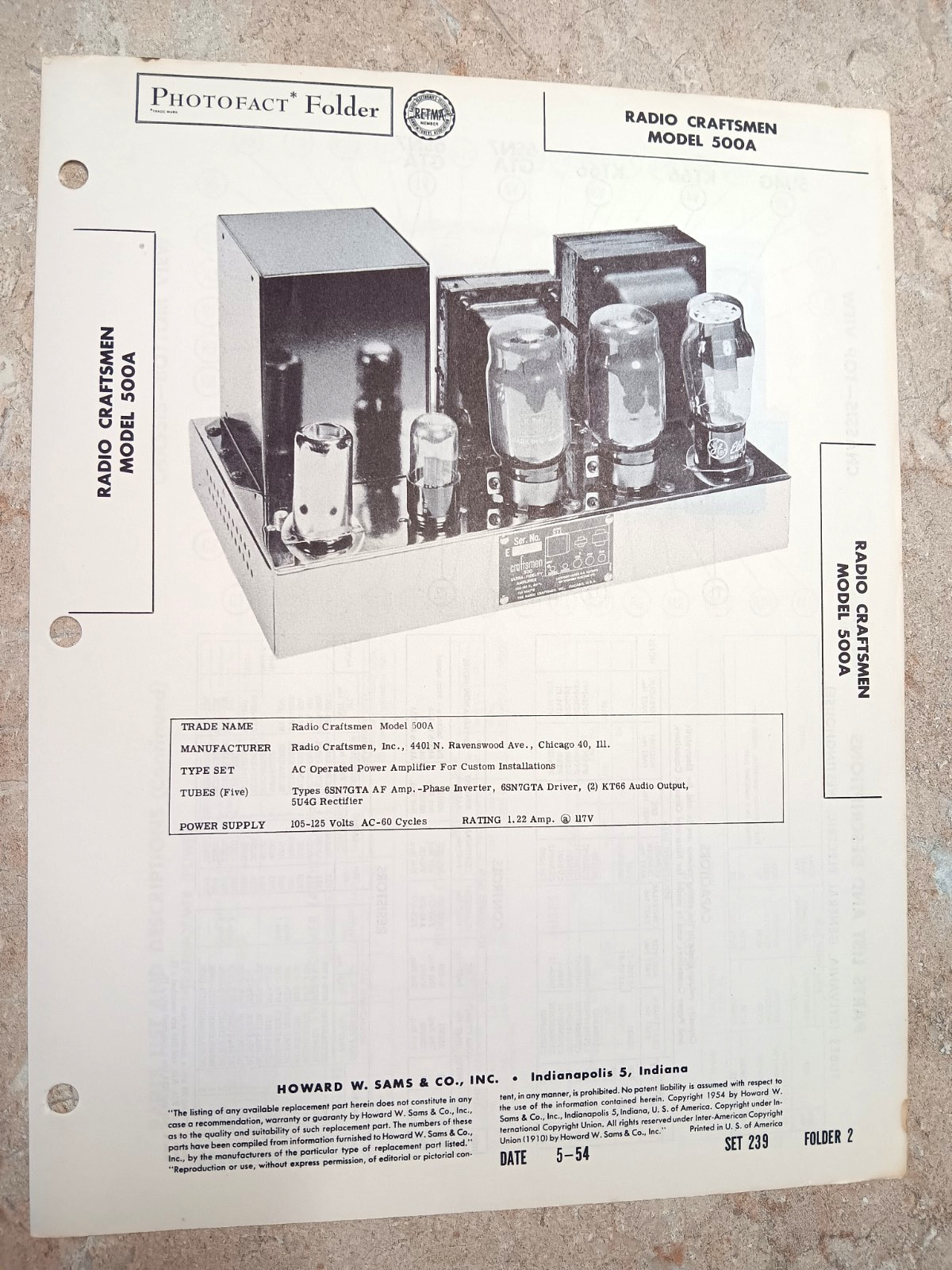 NOS CRAFTSMEN 500A POWER AMPLIFIER – SAMS PHOTOFACT 239-2, KT66