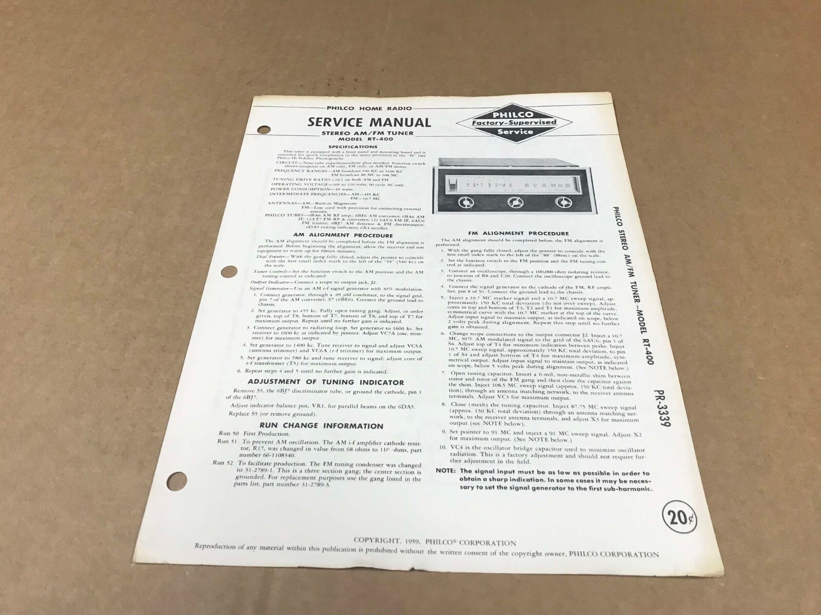 Vintage Philco Home Radio AM/FM Tuner Service Manual – Model RT-400