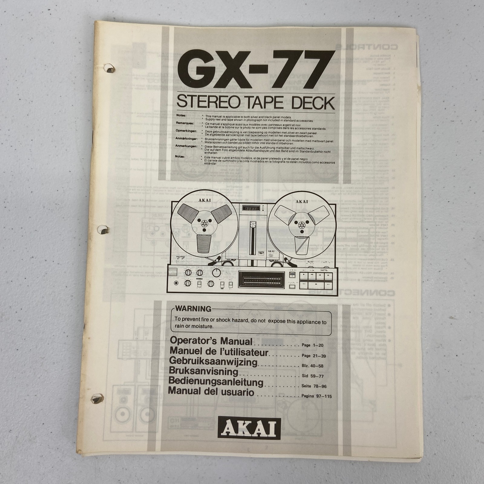 Akai GX-77 Reel to Reel Owners / User Manual *Original*