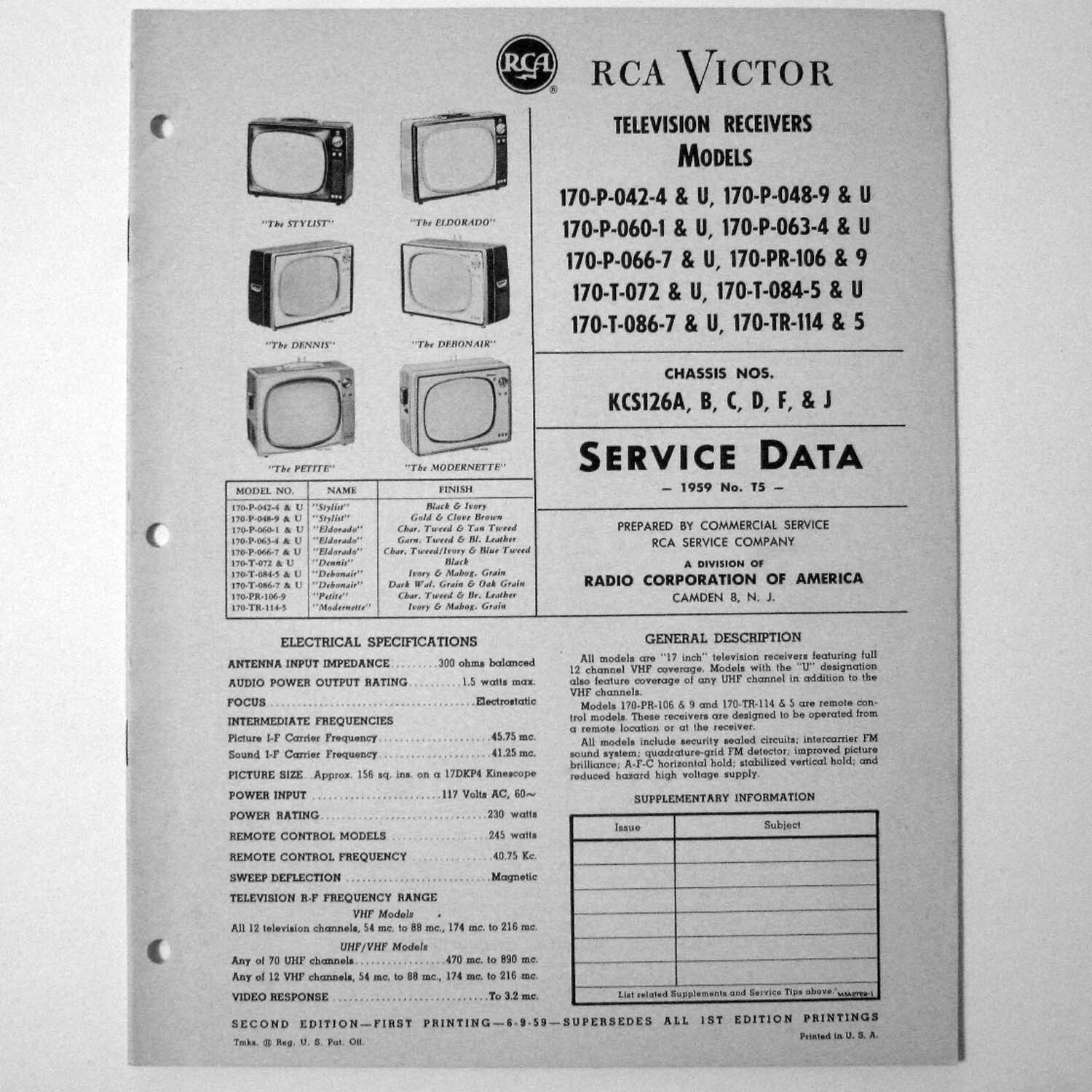 RCA ® Models 170-P-042-4 -048 -060 -063 -066 -PR-106 ++ TV Service Manual © 1959