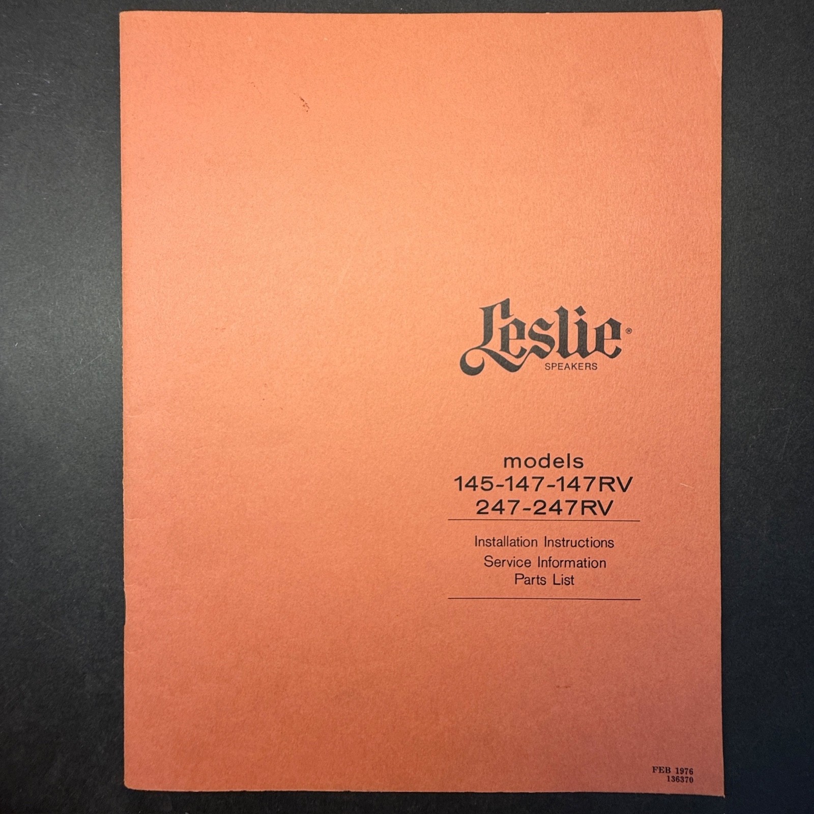 VINTAGE LESLIE 145-147RV 247-247RV INSTALLATION INSTRUCTIONS SERVICE INFO PARTS