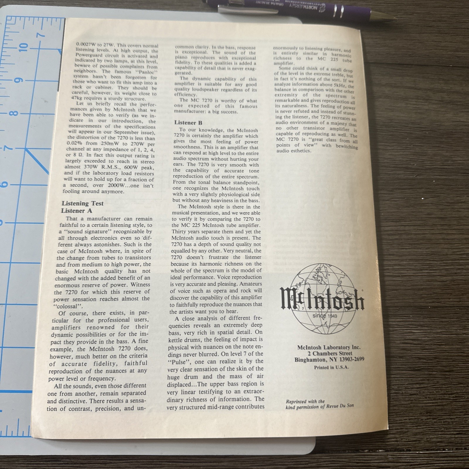 McIntosh MC 7270 Power Amplifier REVIEW ARTICLE 1986 French English
