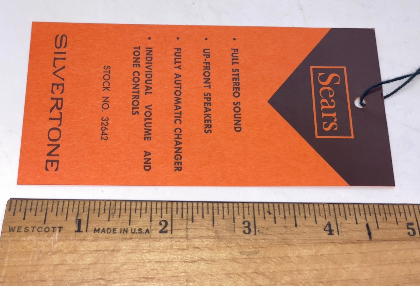 Original Vintage 1960’s SEARS Silvertone Record Player HANG TAG 4.75”