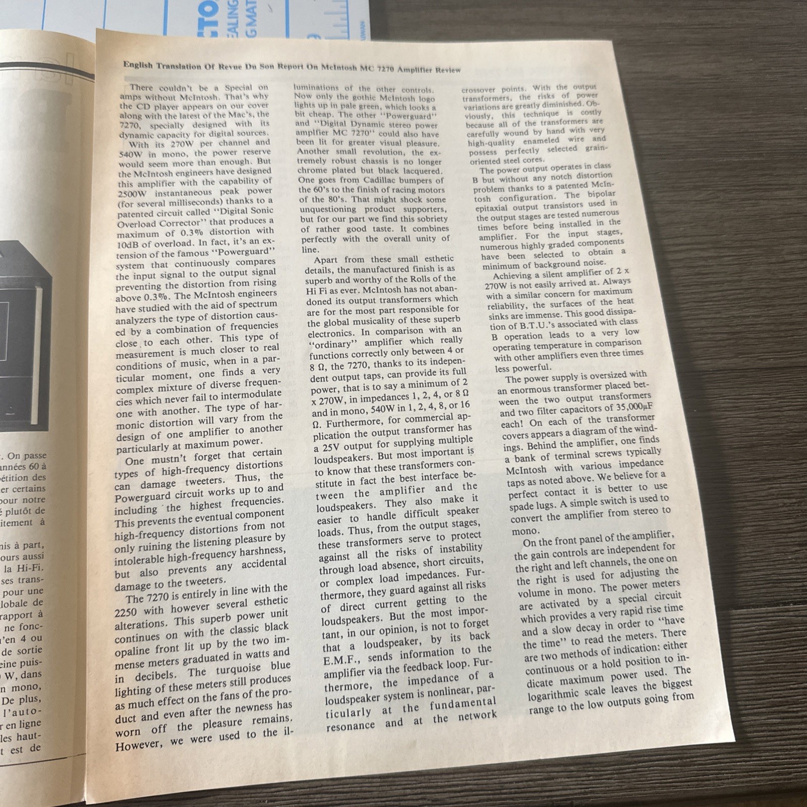 McIntosh MC 7270 Power Amplifier REVIEW ARTICLE 1986 French English