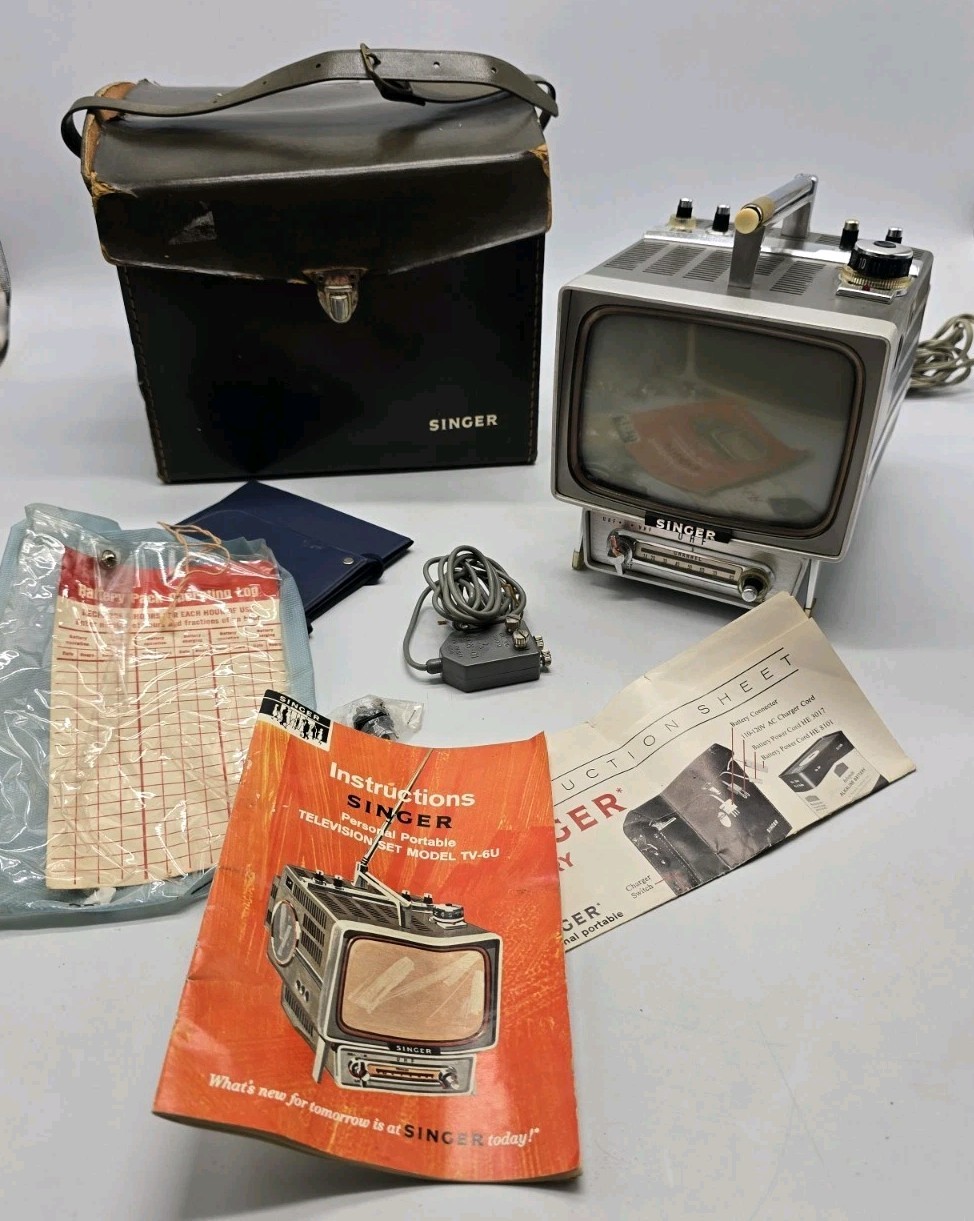 Vintage Singer Model TV-6U Mini Portable Television with Case & Some Accessories