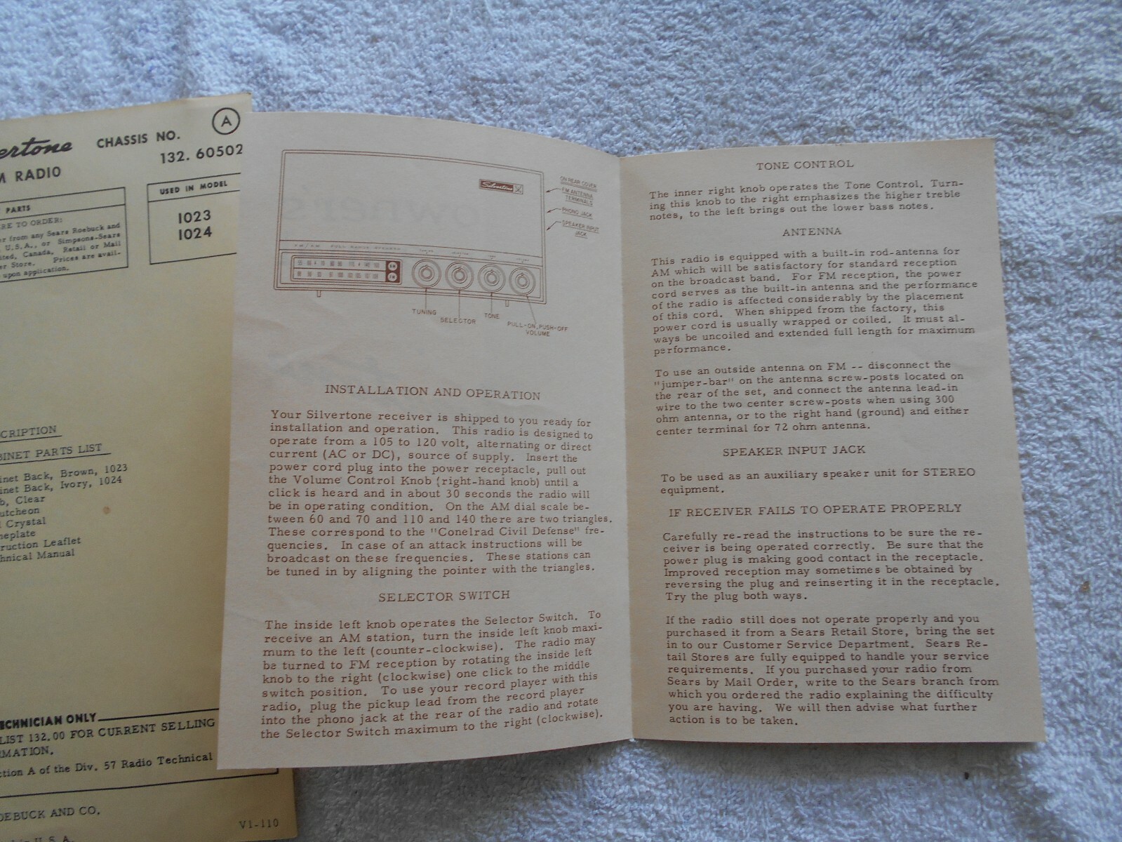SEARS SILVERTONE OWNER’S MANUAL & TECHNICAL MANUAL MODEL NOS. 1023-1024-FM-AM
