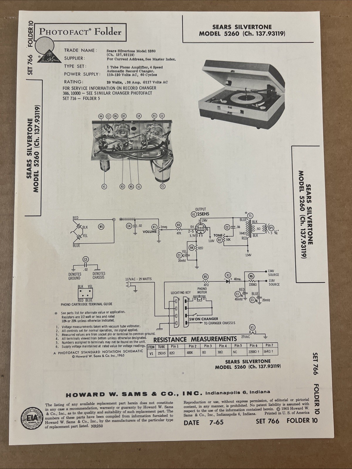 Vintage Sams Photofact Schematic 7-1965 SEARS SILVERTONE MODEL 5260