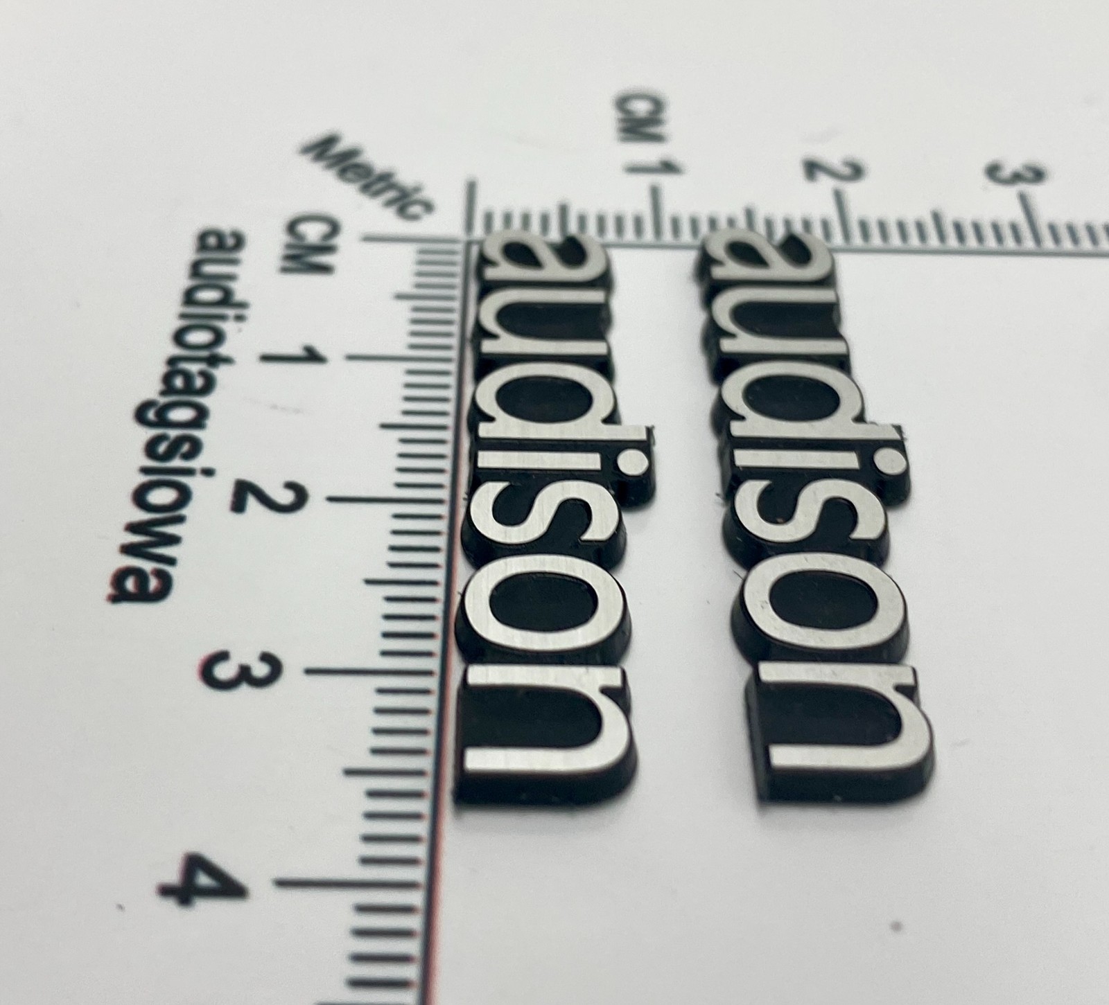 Audison Speaker Badge Logo -Custom Made Incised Silver and Black PAIR