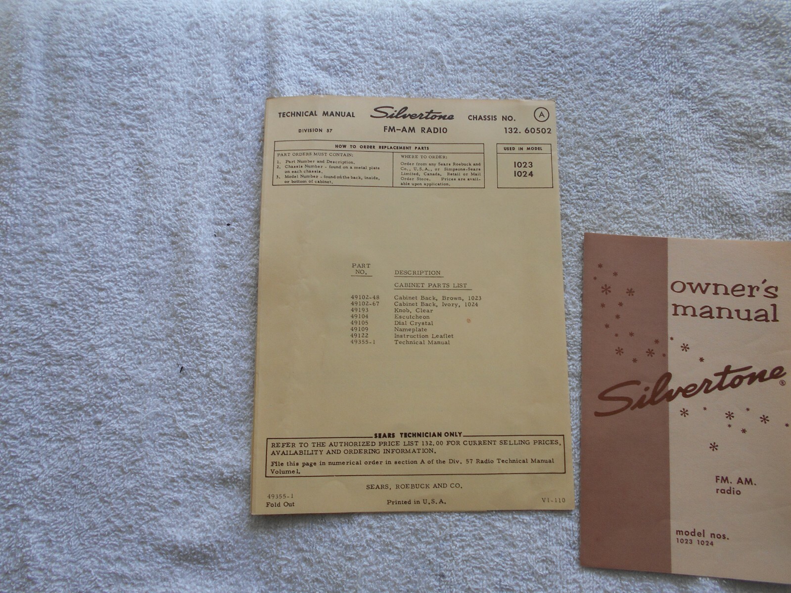 SEARS SILVERTONE OWNER’S MANUAL & TECHNICAL MANUAL MODEL NOS. 1023-1024-FM-AM