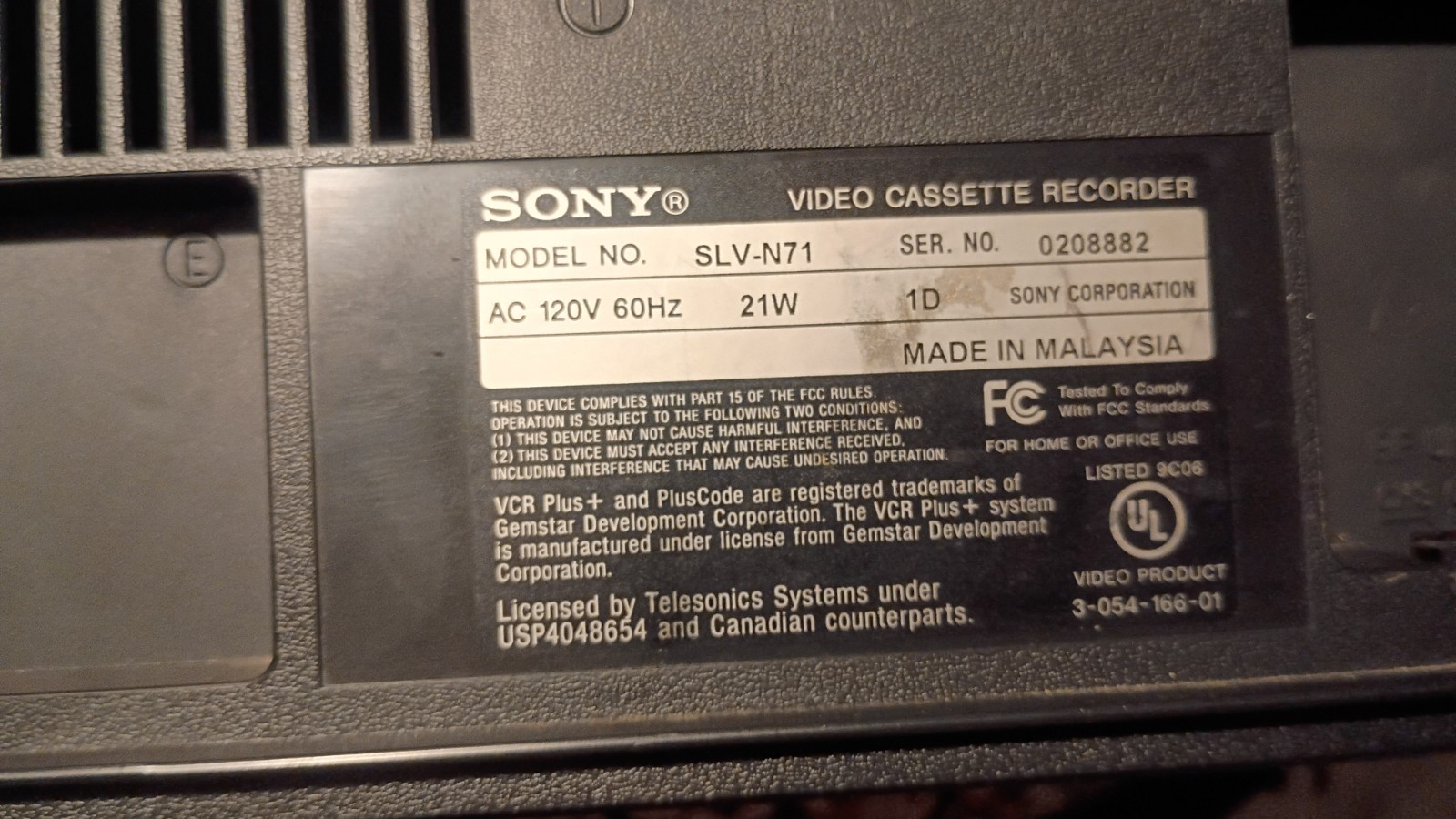 Sony SLV-N71 VCR