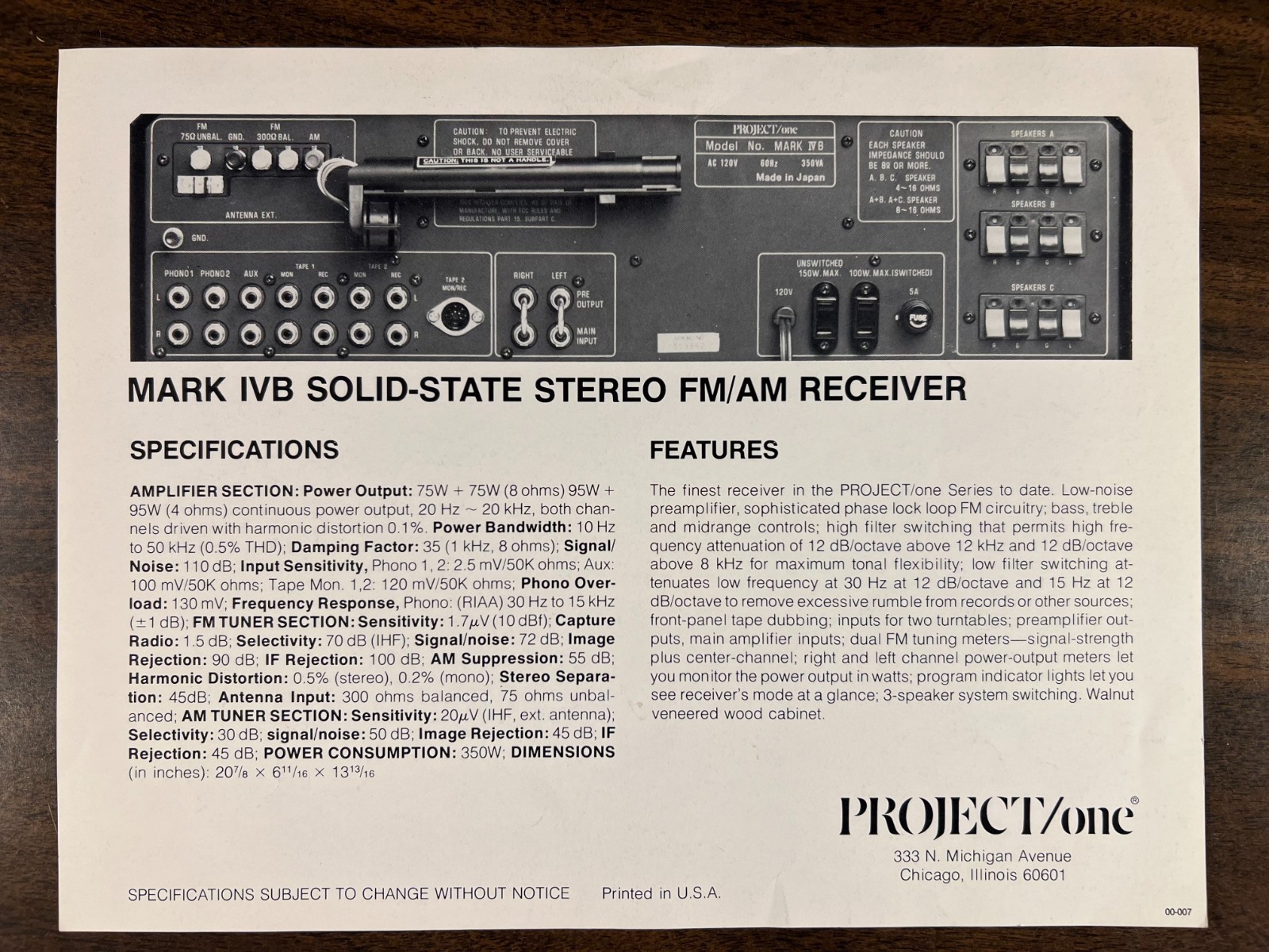 RARE Orig. Project/one Mark IVB Solid-State Stereo Receiver Promotional Flyer