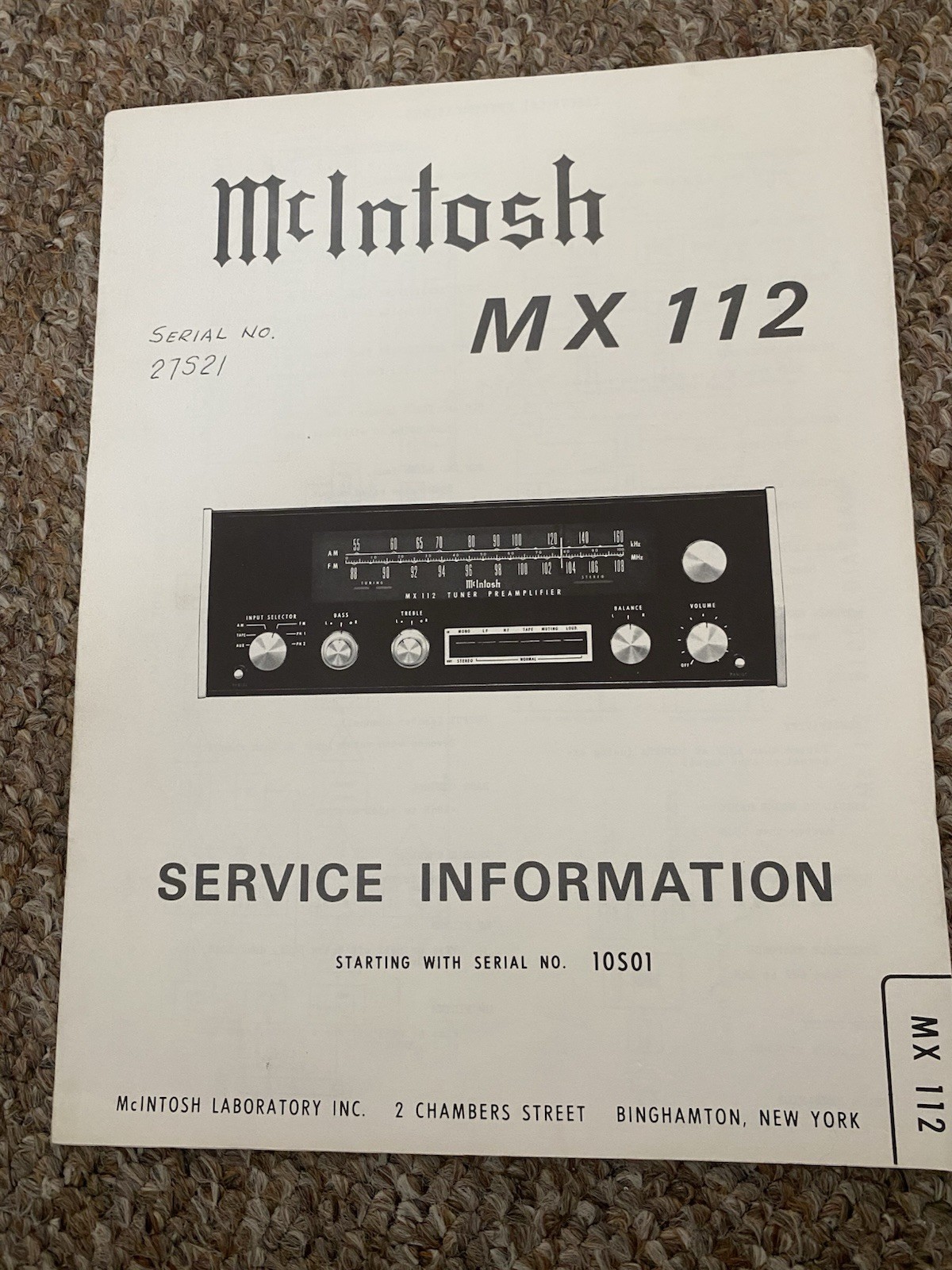 McIntosh MX112 Tuner Preamp Service Manual *Original*