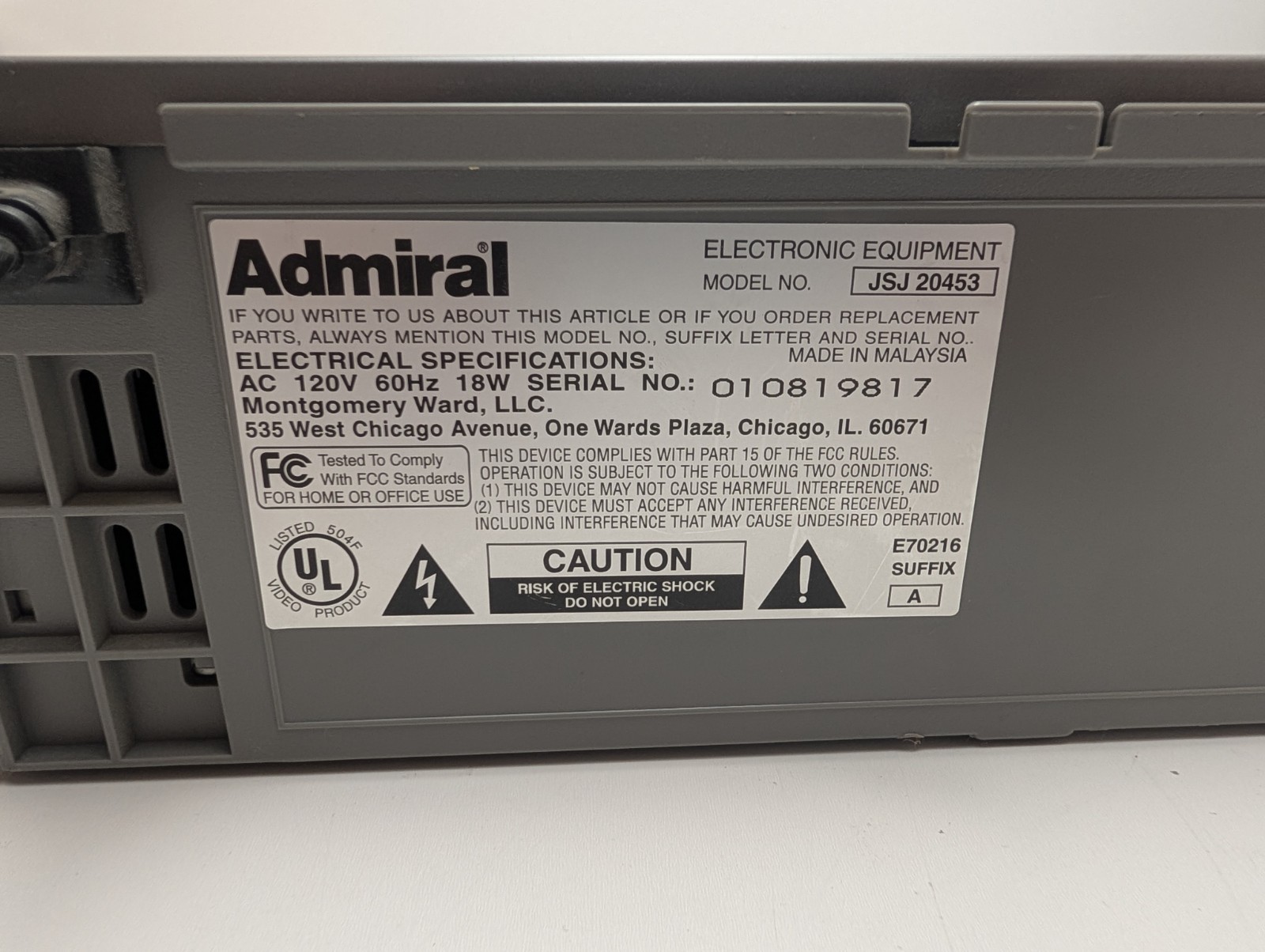 Admiral JSJ 20453 VCR VHS Player Recorder 4 Head – No Remote