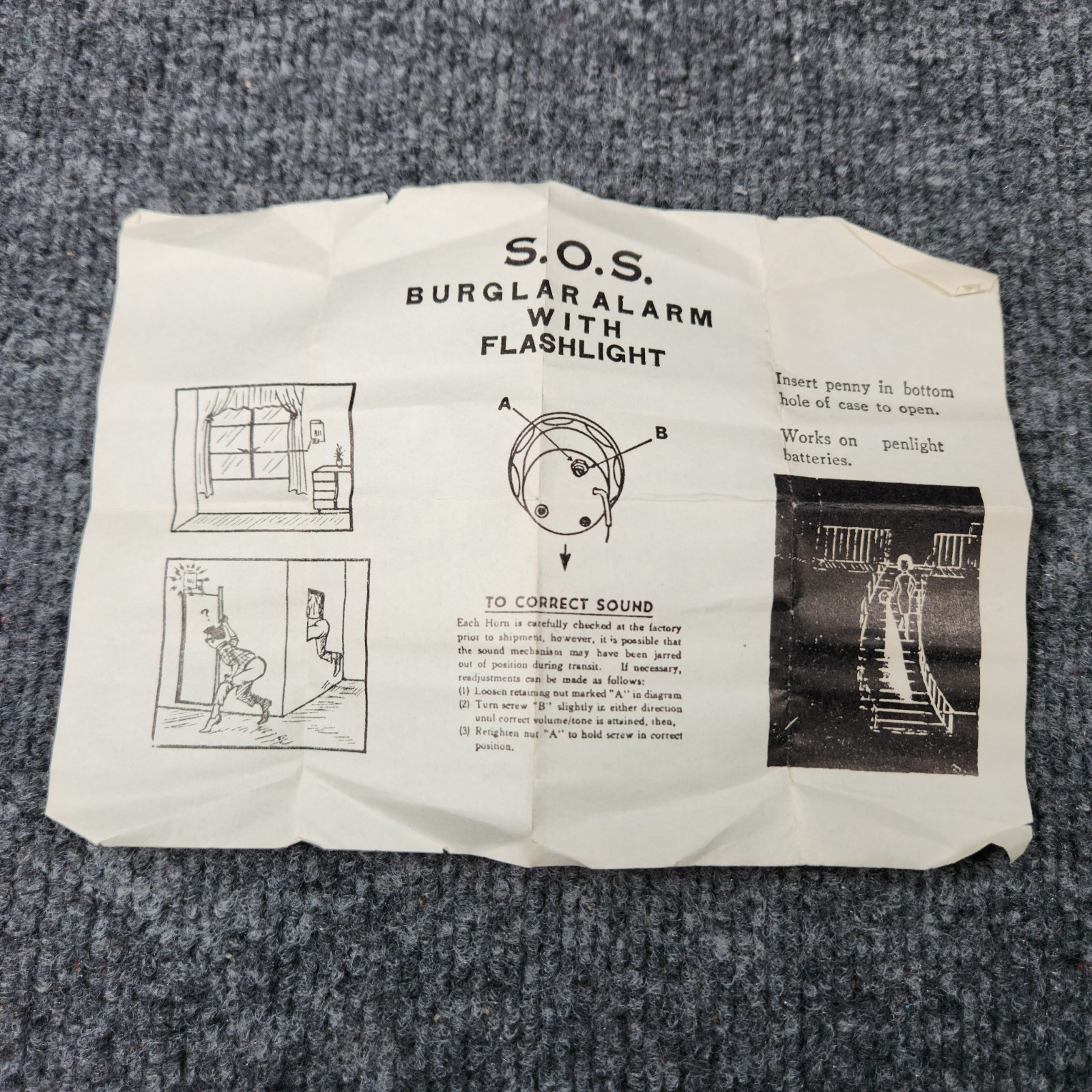 Vintage S.O.S. Buzzer Burglar Alarm No. 250 Travel Pull Pin Light Box Manual CIB