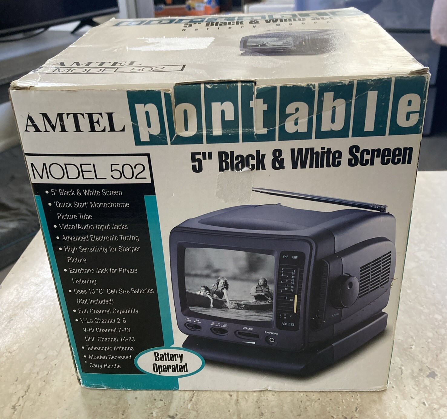 Amtel Vintage Black And White CRT TV Model 502 Portable – NOS