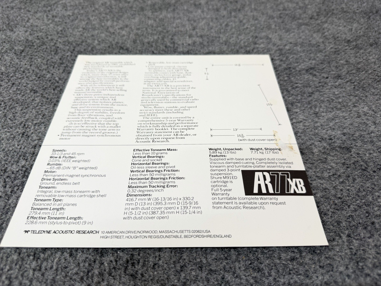 ⭐️ Original Acoustic Research AR77-XB Stereo Turntable Dealer Sales Brochure ⭐️