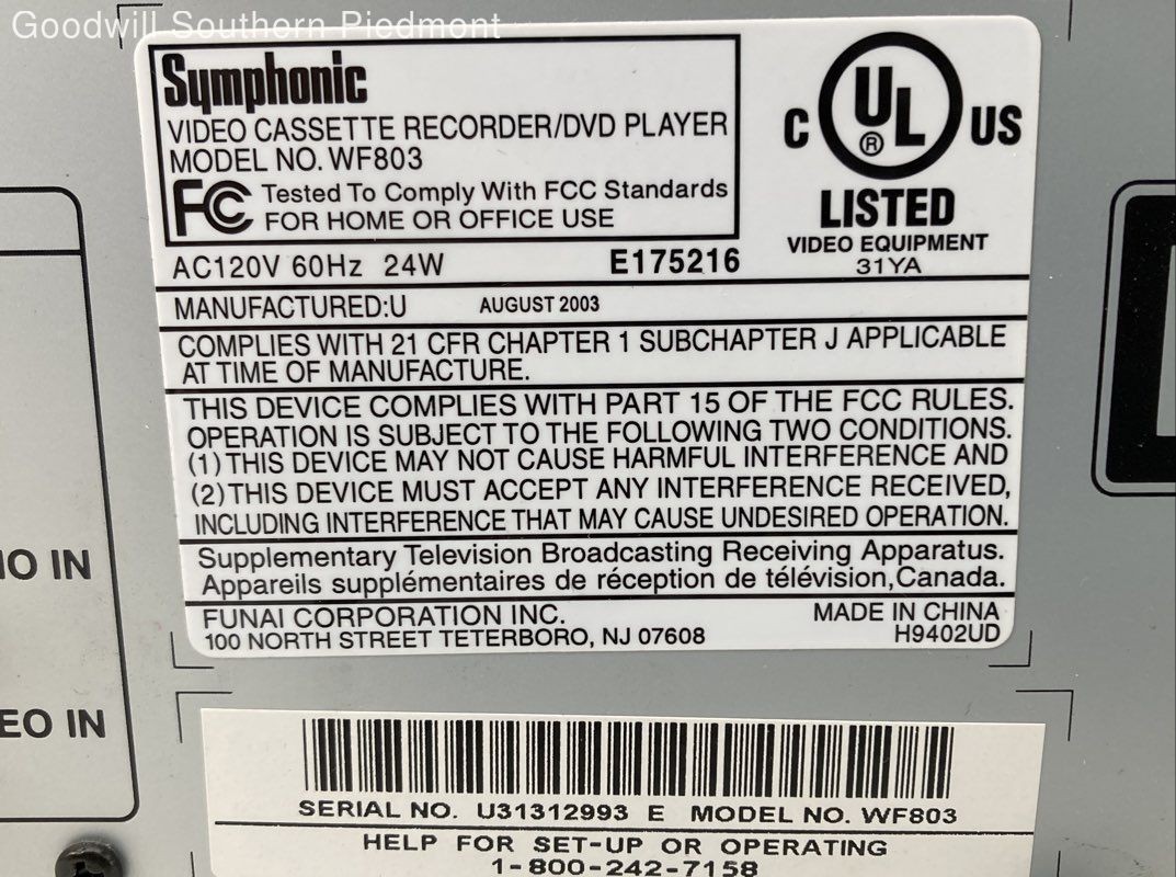 Symphonic WF803 DVD/VCR Combo Recorder/Video Player – Tested