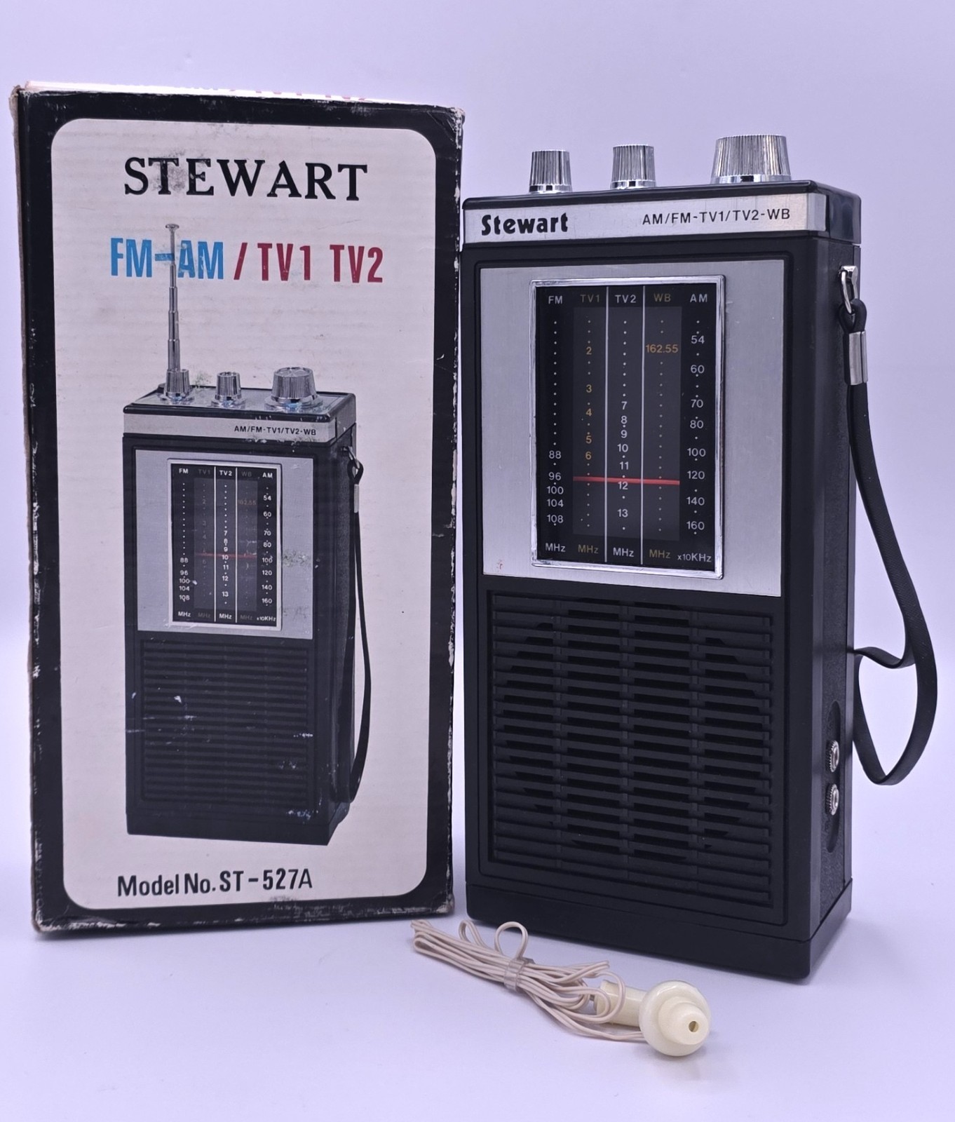 Vintage Stewart ST-527A AM FM TV1 TV2 Weather Band Radio w/ Box & Earphone Works