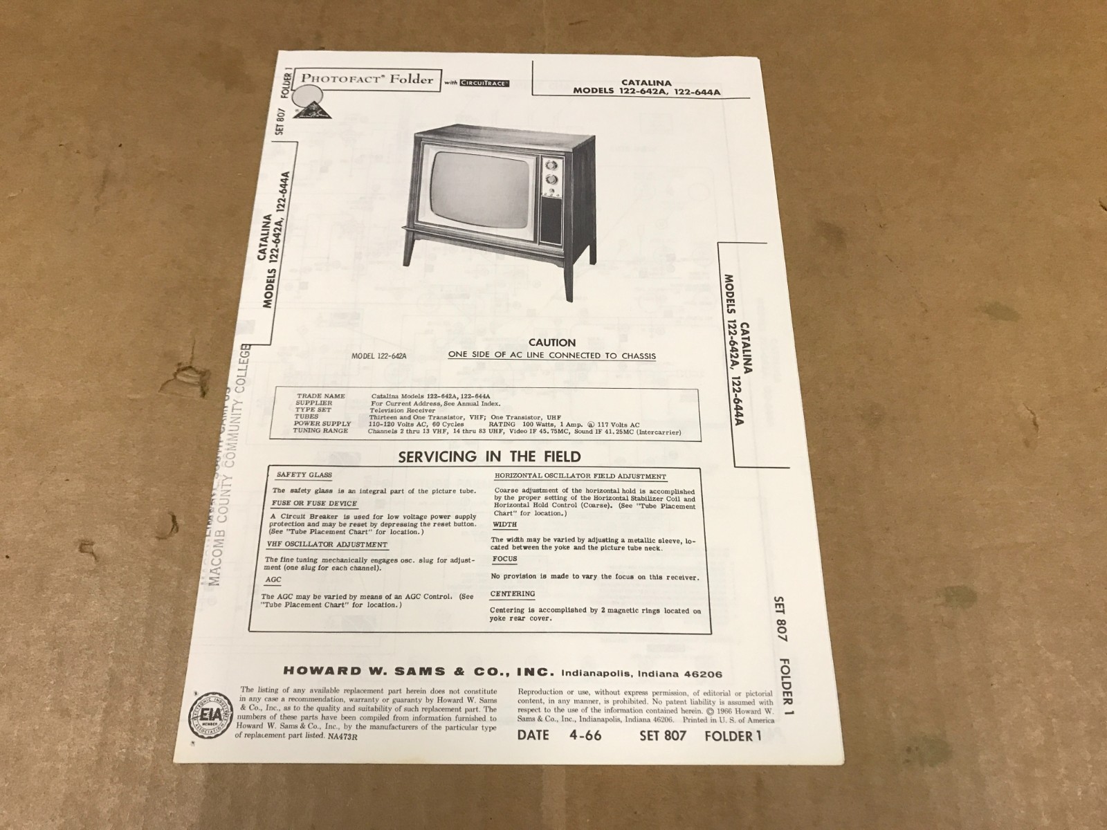 Vintage Photofact Folder- 807-1 – Catalina TV Models 122-642A, 122-644A