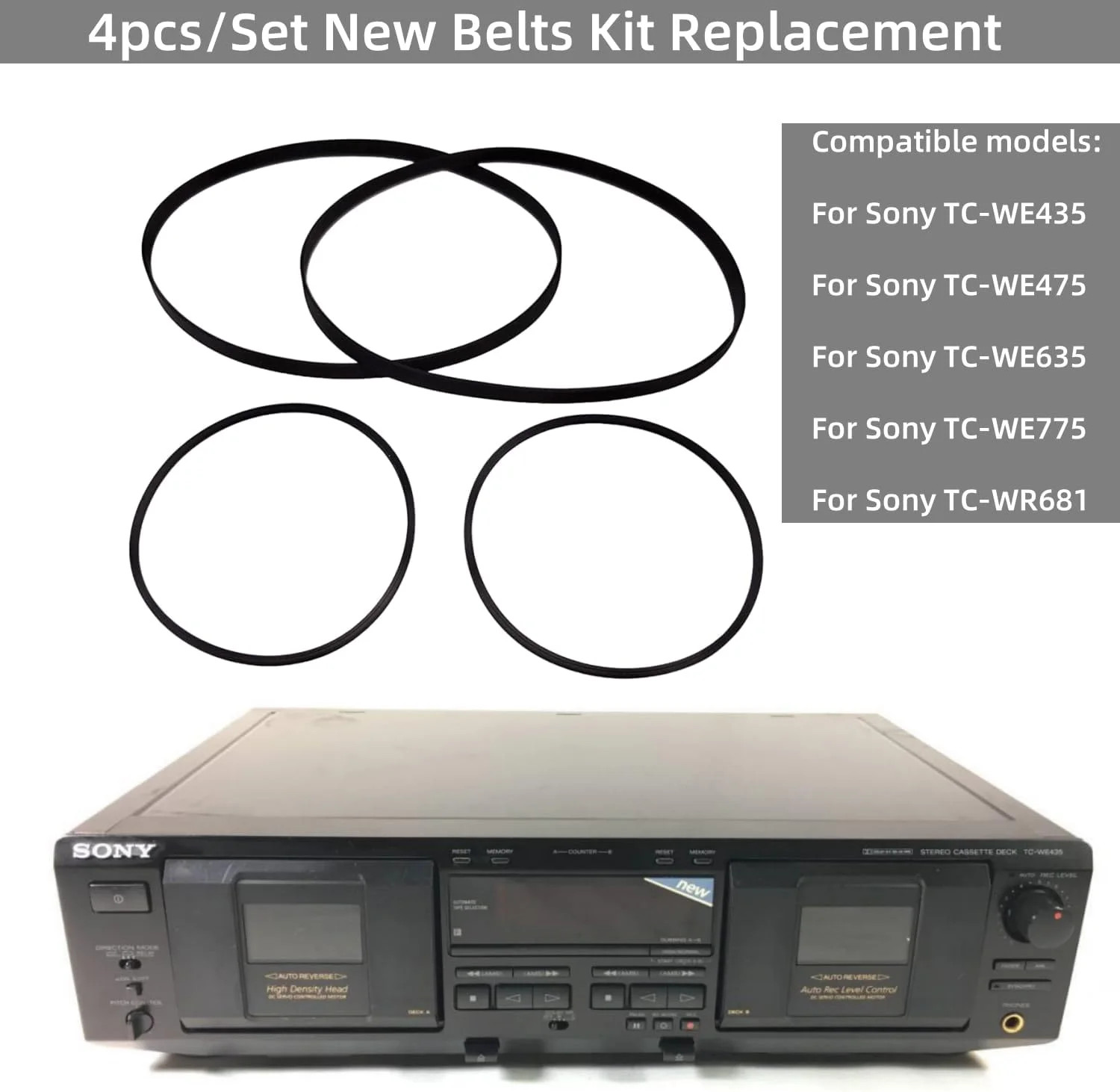 Cassette Deck Belt Kit (4-Pack) – Replacement Belts for Sony TC-WE435…