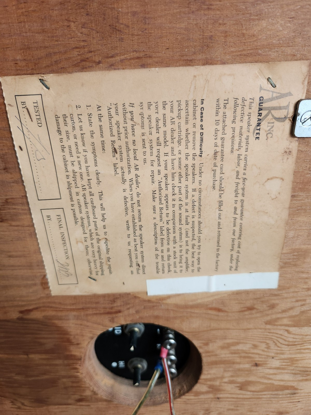 Acoustic Research AR-2a Speaker One Speaker Read!