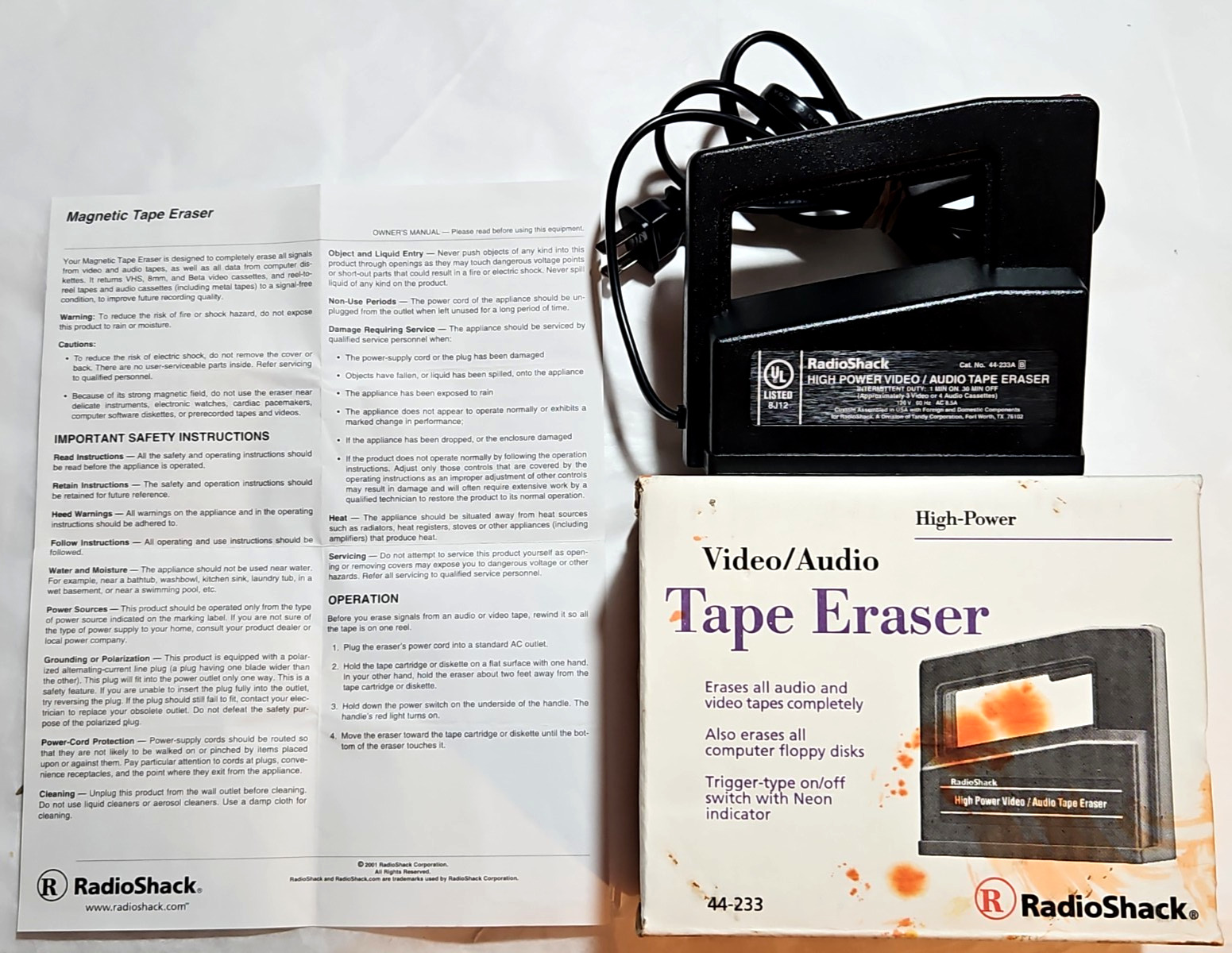 Radio Shack High Power Video/Audio Tape Eraser Model 44-233A Assembled In U.S.A.