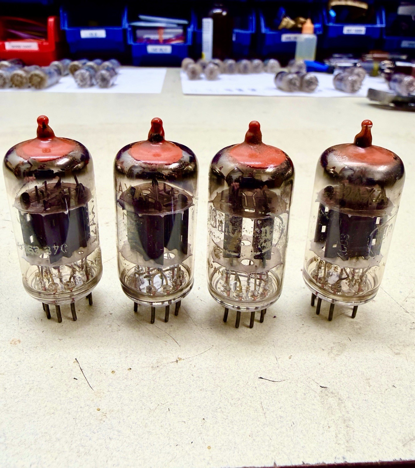 *PREMIUM* Matched Quad (RED TIP) 1963 Raytheon 12AX7A Tubes Amplitrex Tested