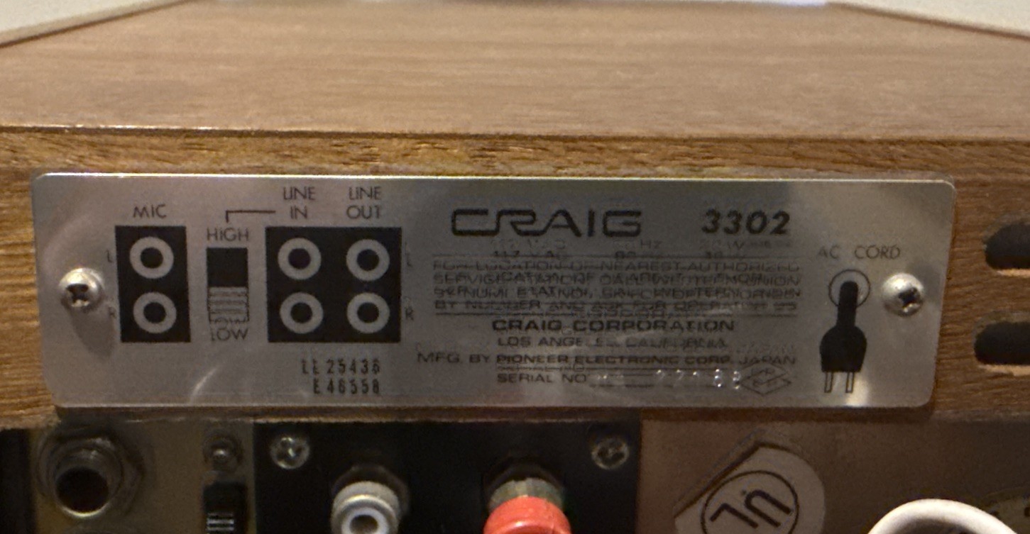 Craig Pioneer 3302 Stereo 8 Track Deck Tape Player & Recorder w/ Manual Untested