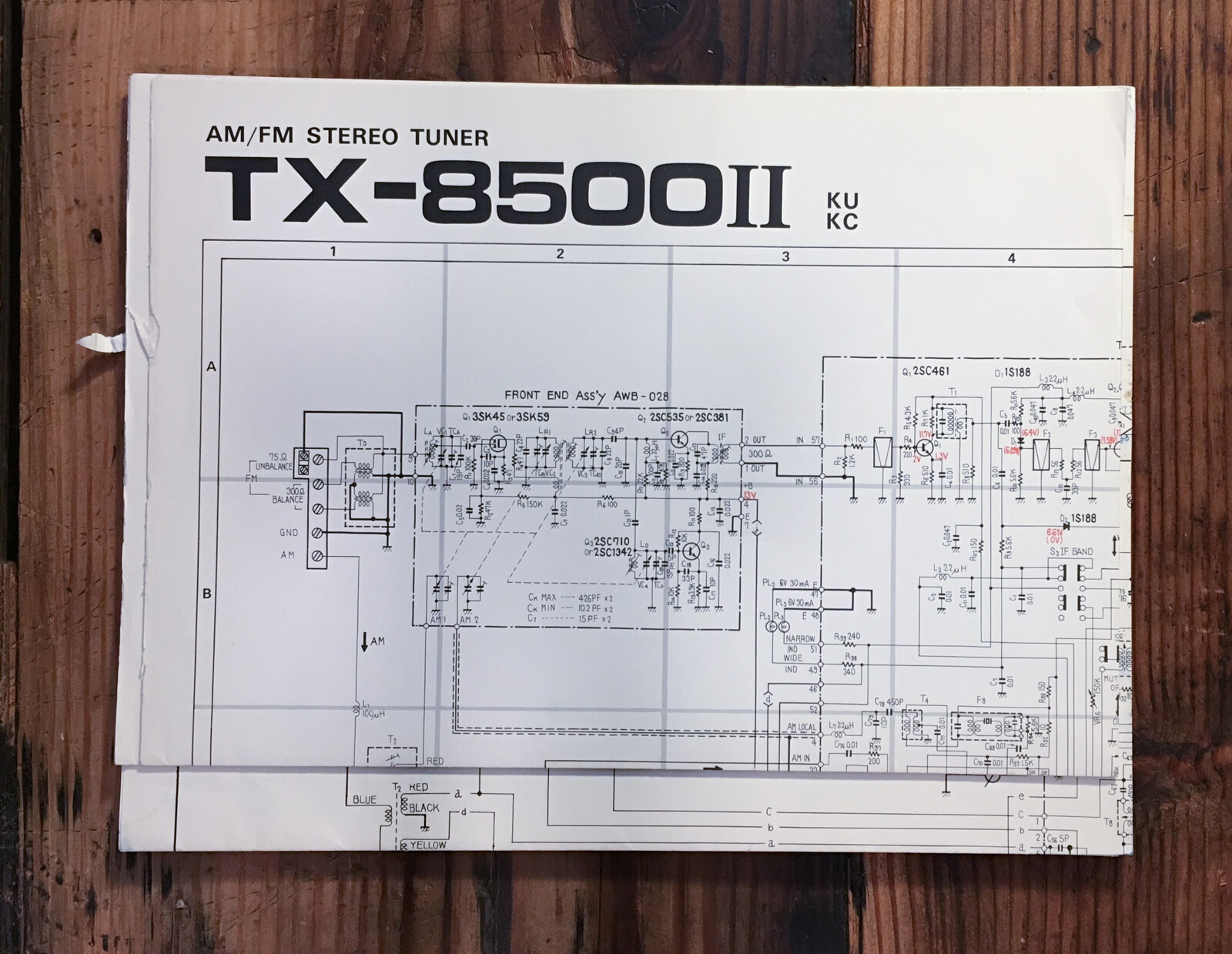 Pioneer TX-8500 II / 2 KU KC Tuner Large Fold Out Schematic Sheet *Original*