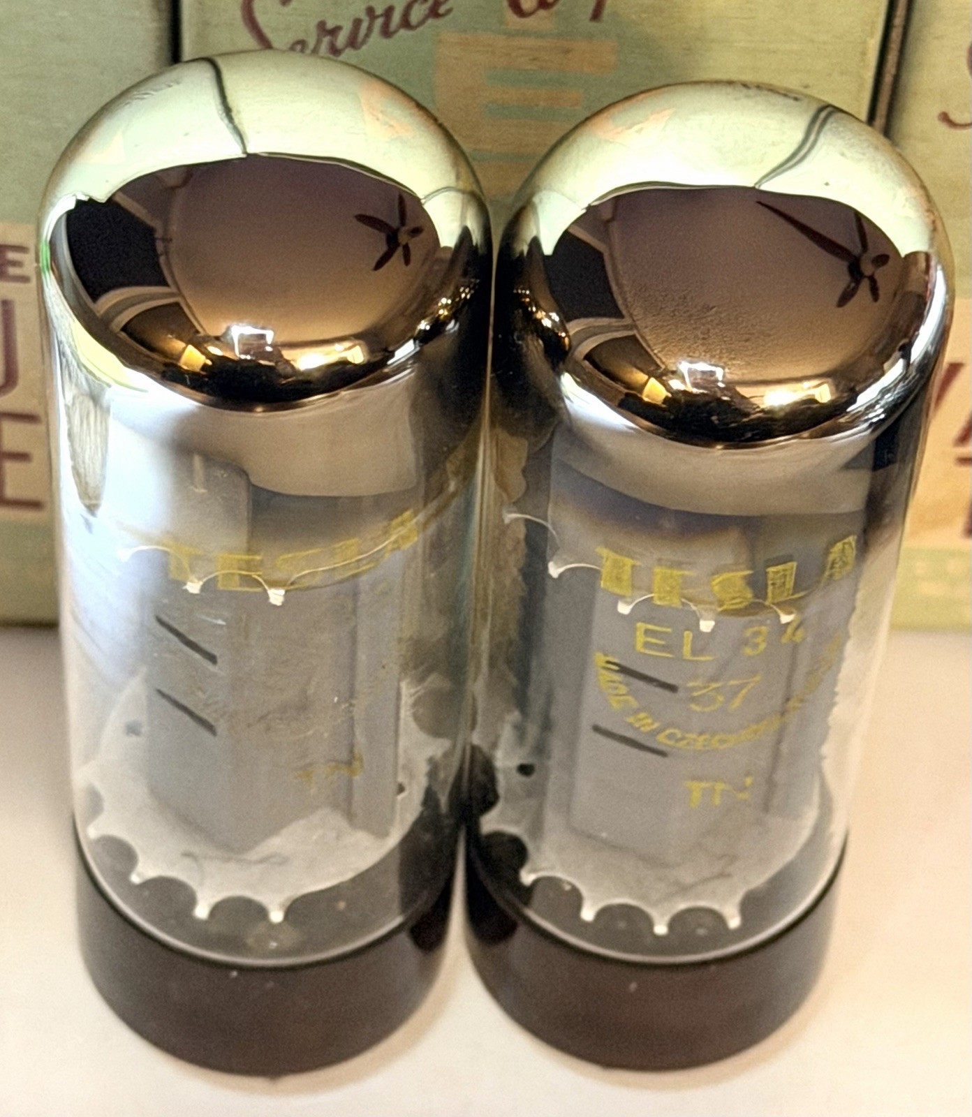 EX+ Pair Vintage Tesla Brown Base Flat Top OO Getter EL34 Tubes TV7 Tested @NOS