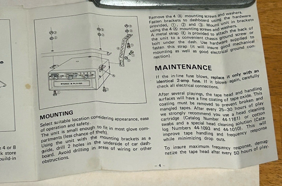Orig Realistic/Radio Shack Owner’s Manual 12-1801 for Model 12-1800 Car 8-Track