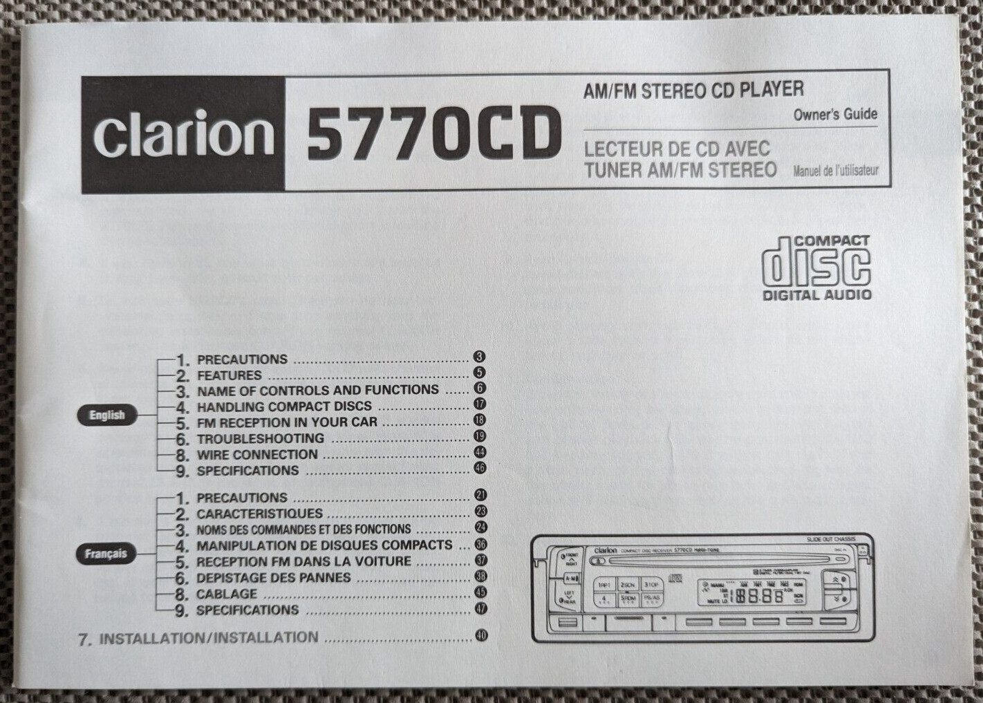 CLARION 5770CD AM/FM STEREO COMPACT DISC PLAYER, OWNERS MANUAL