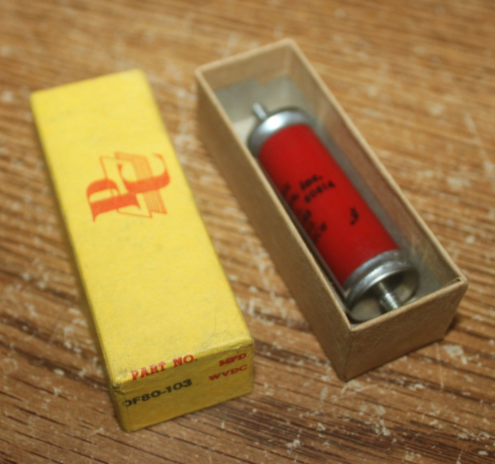 NOS .01 uF 8000 volt cap by Plastic Capacitors, Inc OF80-103