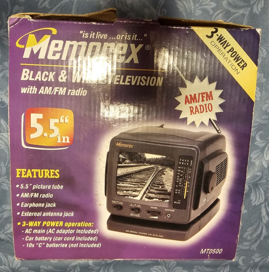 MEMOREX 5.5″ BLACK & WHITE PORTABLE TELEVISION WITH AM/FM RADIO MT0500 TESTED
