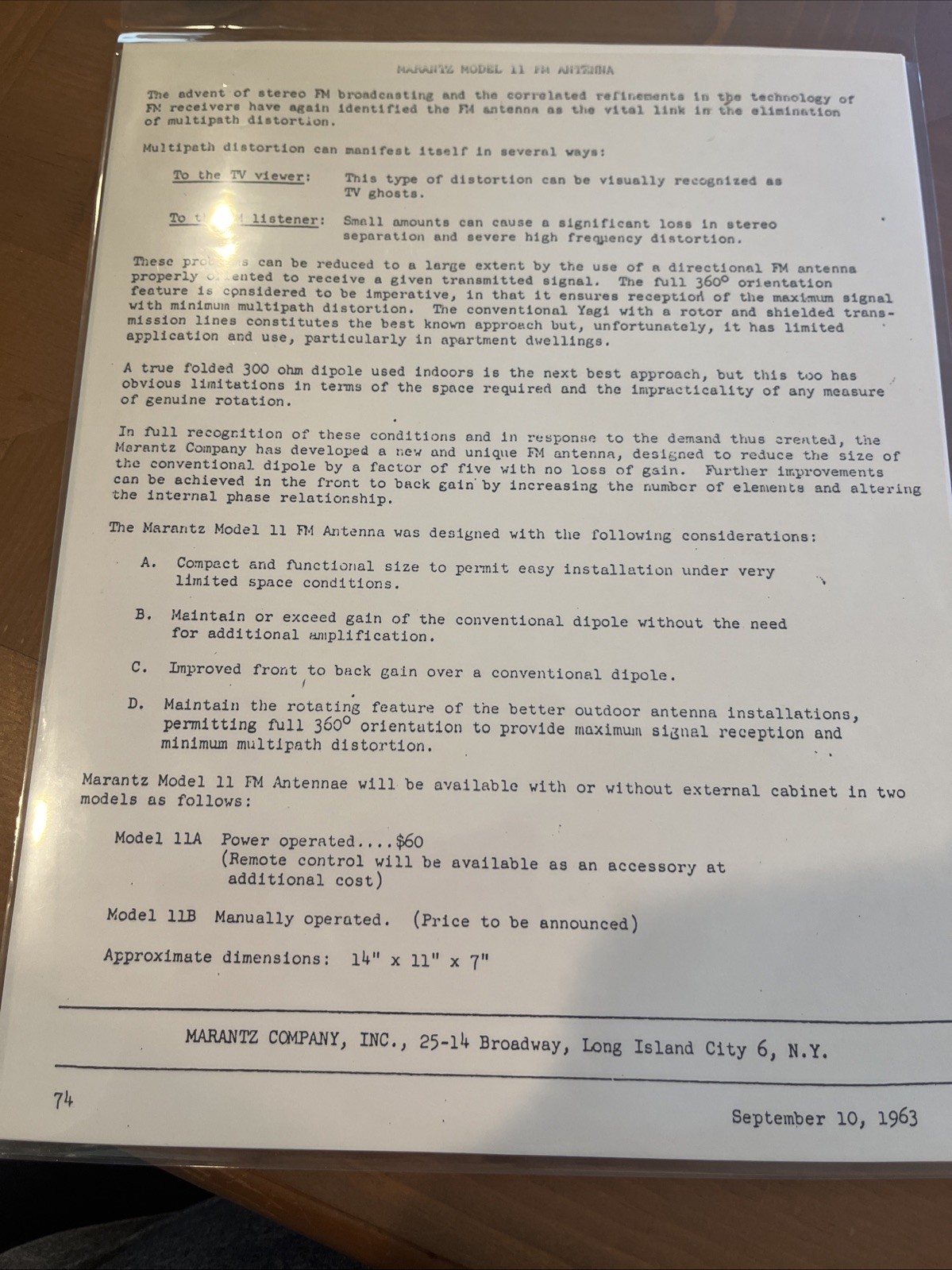 Marantz Original Model 11 FM Antenna Pre Release Pamphlet