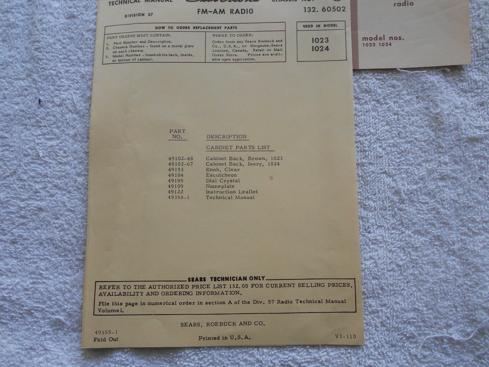 SEARS SILVERTONE OWNER’S MANUAL & TECHNICAL MANUAL MODEL NOS. 1023-1024-FM-AM