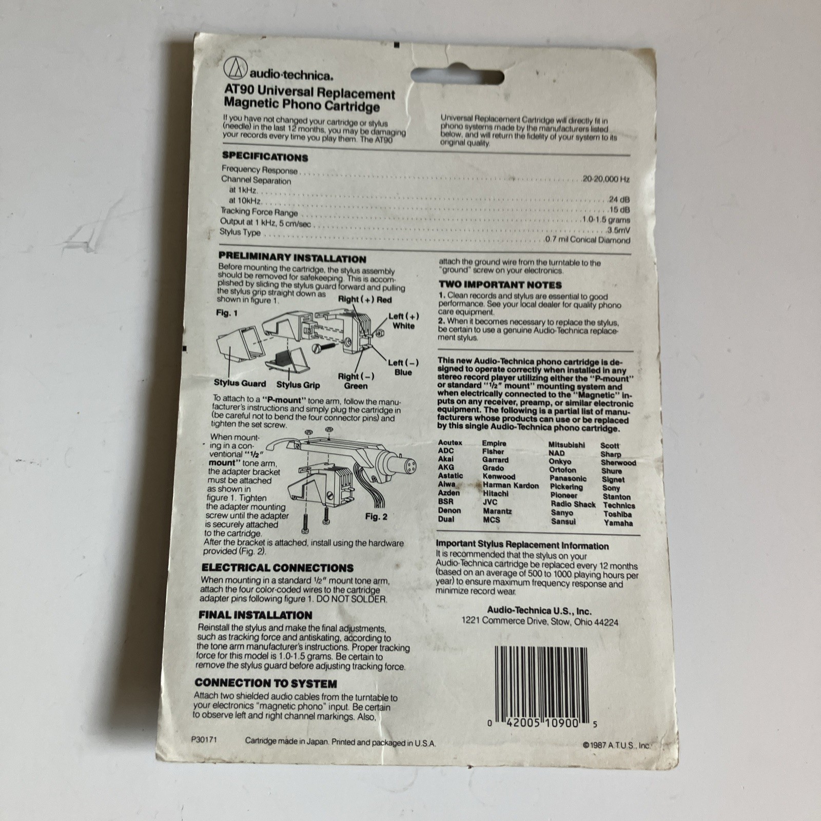 Audio-Technica AT90 P-Mount Universal Phono Cartridge | New Open Packaging