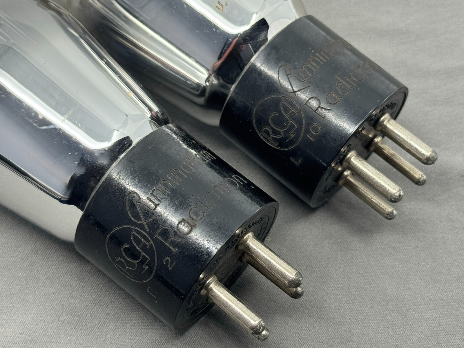 (2) RCA Cunningham 71A Power Tubes Silver Plates Engraved Bases Late 40s Strong