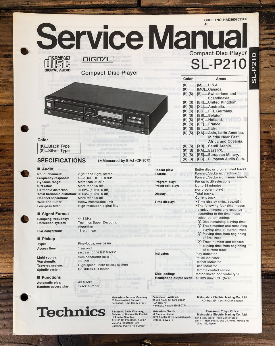 Technics SL-P210 CD Player Service Manual *Original*
