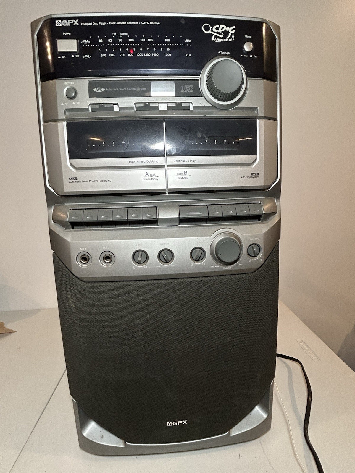 Vintage 2000 GPX Karaoke Tower CD Player Dual Cassette AM/FM Stereo Tested Works
