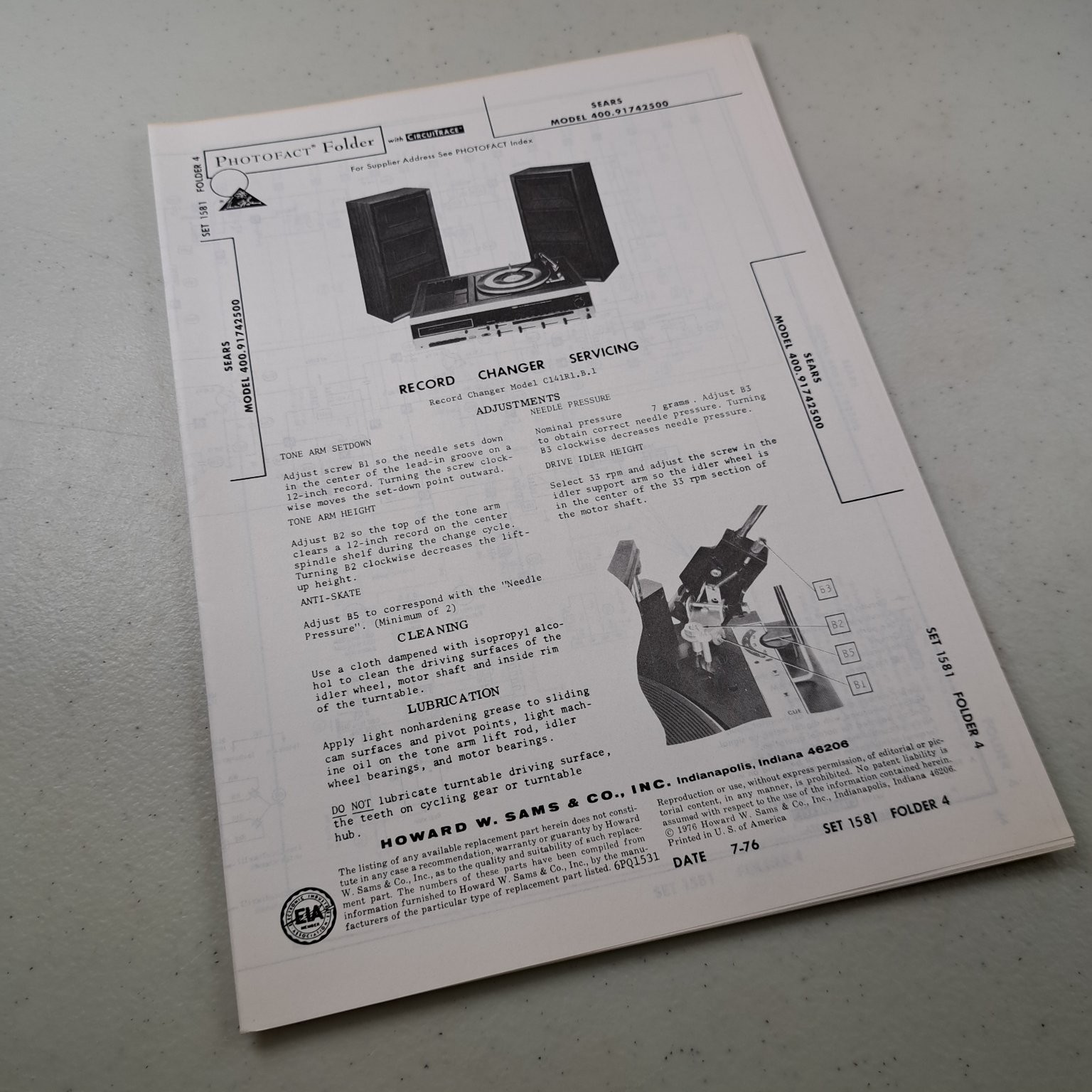 SEARS Manual Record Changer 400.91742500 1976 Servicing Illustrated Paperback