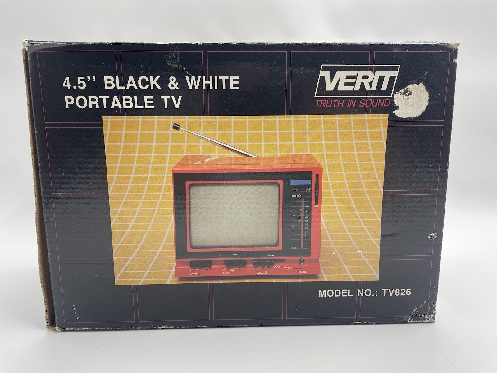 New Verit 4.5” Black & White Television; Complete w/ Original Box – Tested TV826