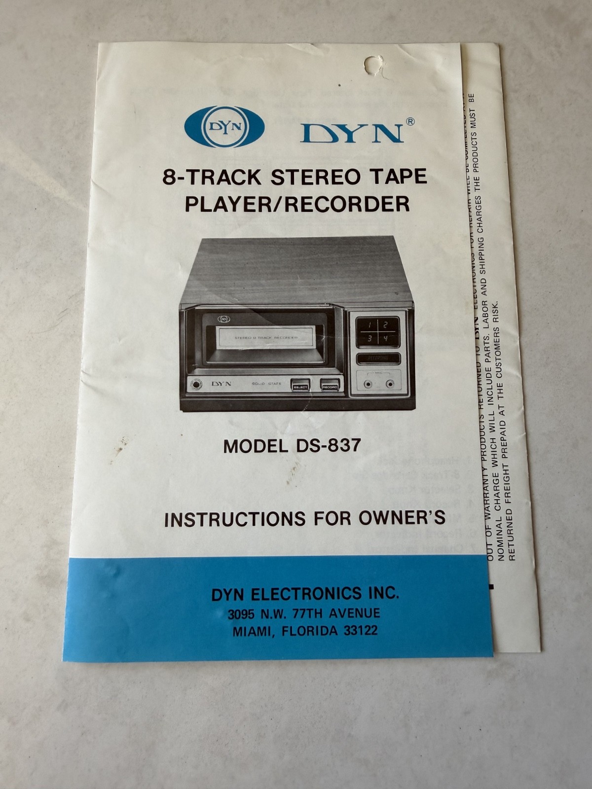 Vintage Original DYN 8-Track Stereo Tape Player Recorder Owner’s Manual DS-837