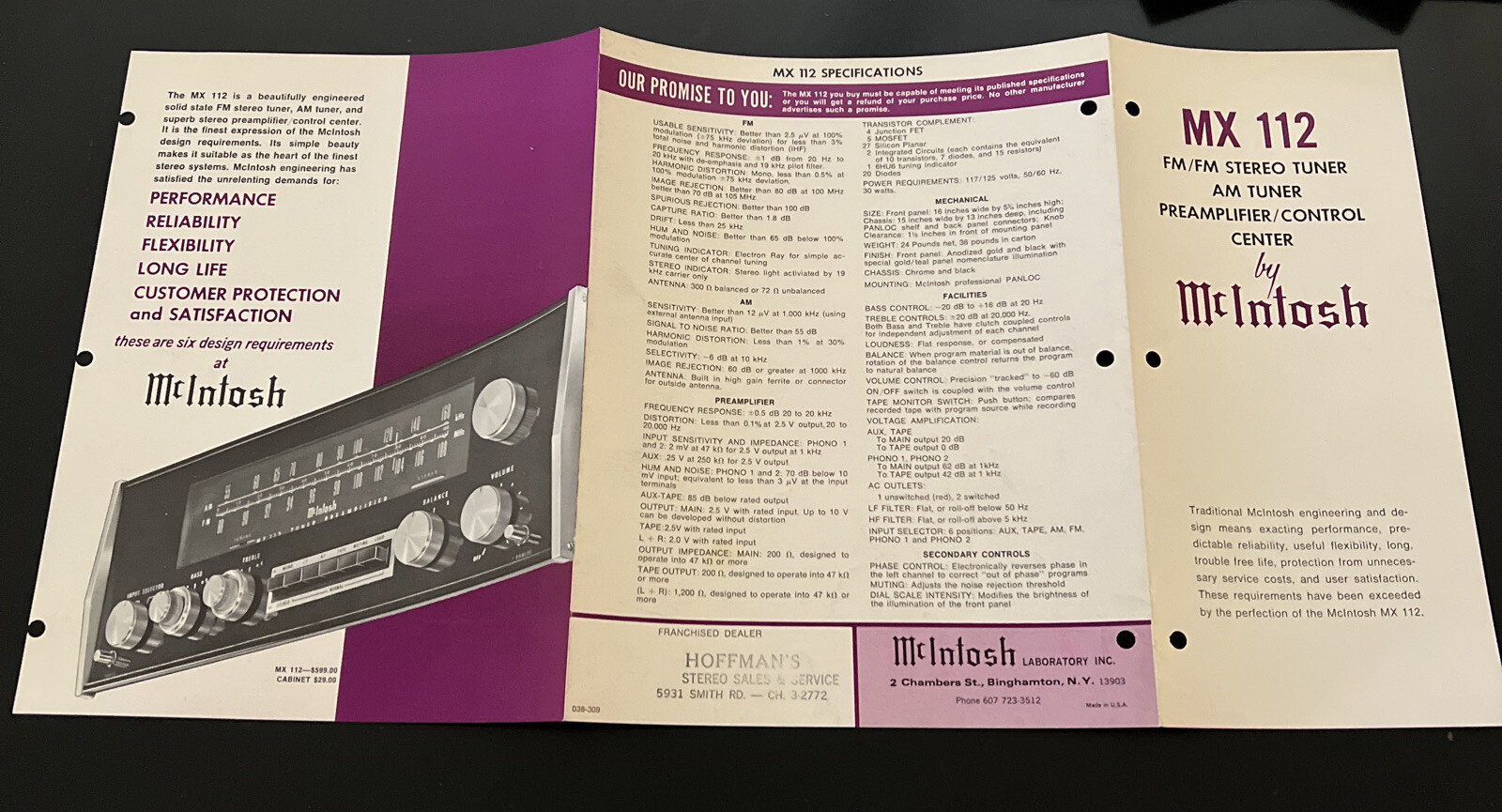 McIntosh MX 112 Tuner Preamp Control Center ORIGINAL DEALER SPEC SHEET
