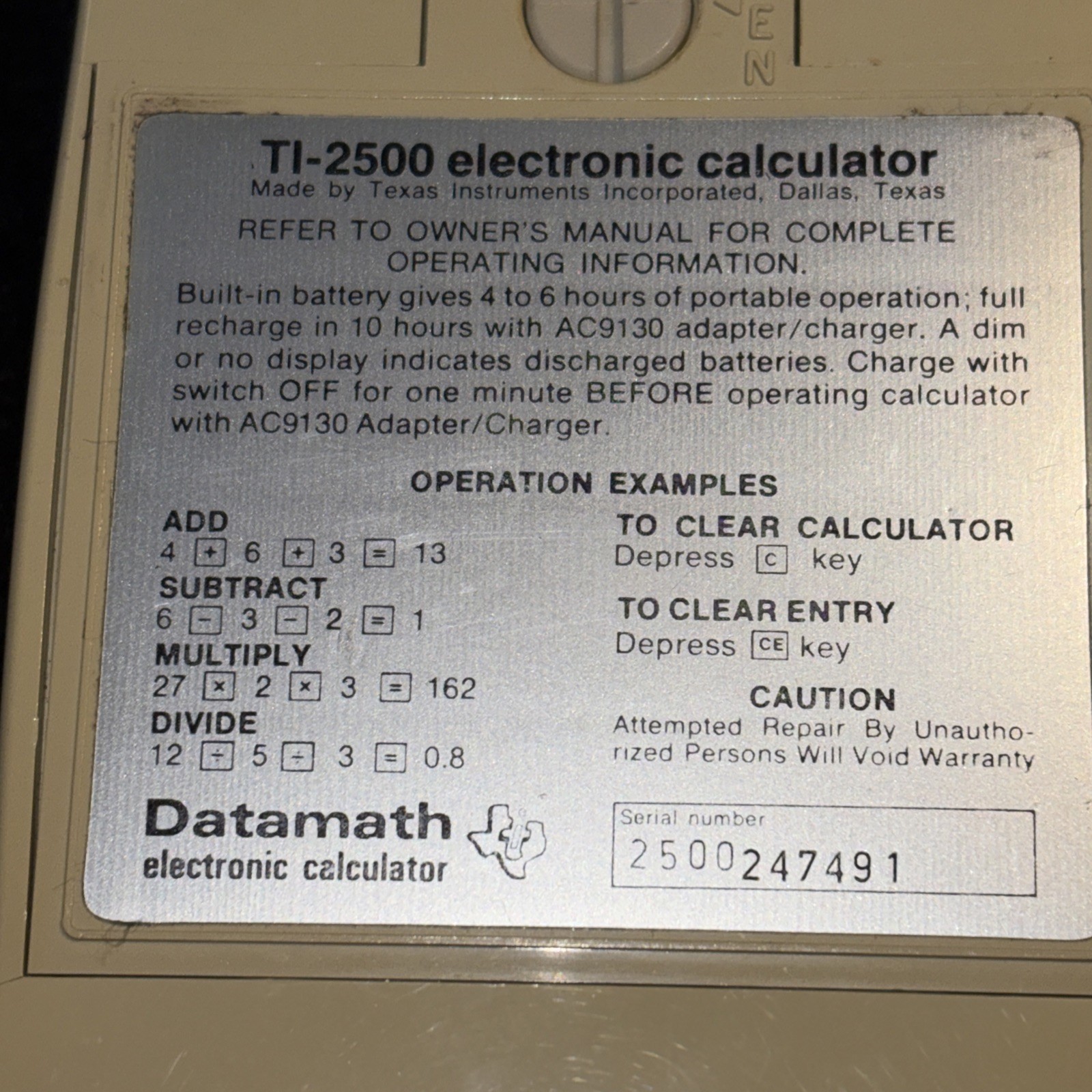 Vintage 1973 Texas Instruments TI 2500 Datamath Calculator WORKS w/ Case