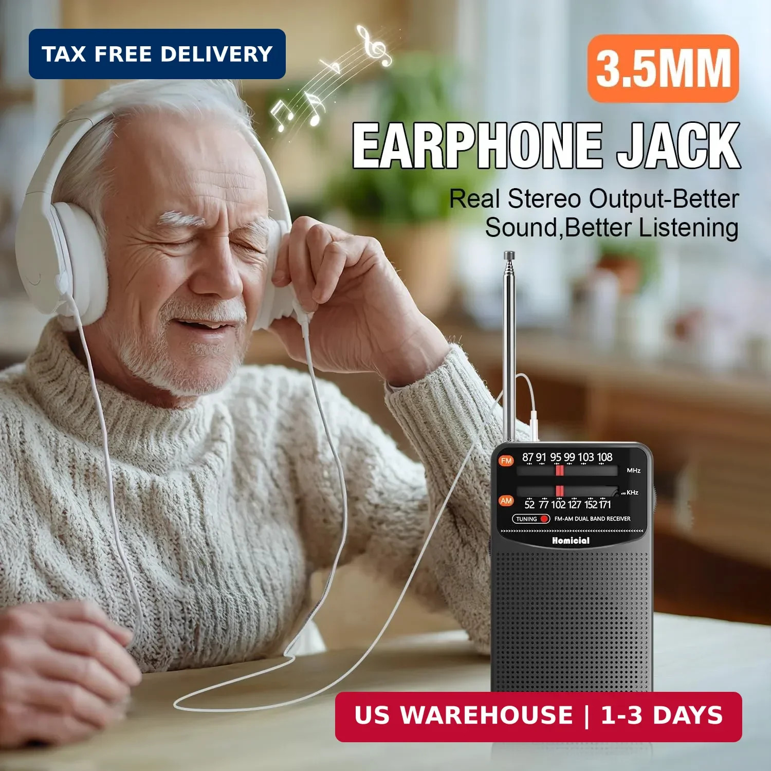 AM/FM Portable Radio, Pocket Radio 3 AA Battery Powered, Long Lasting, with Exce