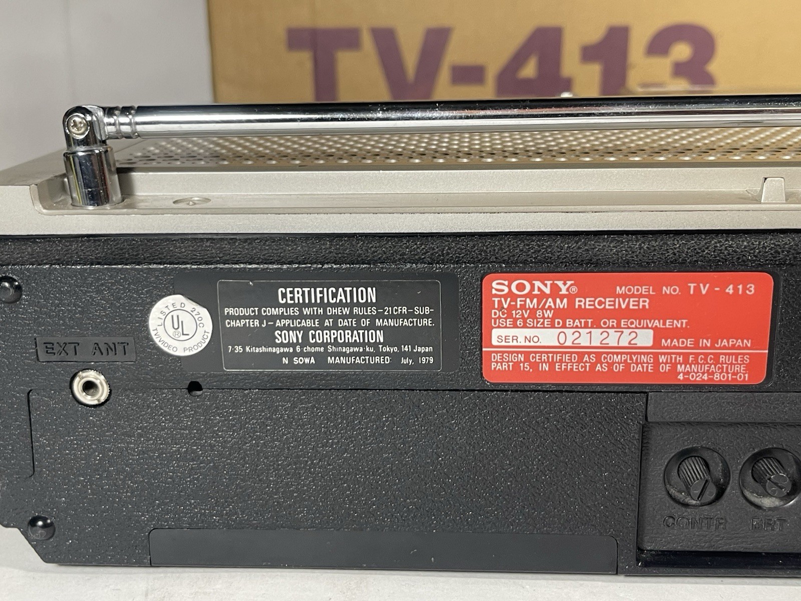 Vintage Sony TV 413 Mini Black & White FM/AM Television + Box & Power Supply